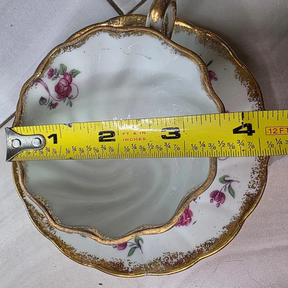Vintage Footed Porcelain Teacup and Saucer Set Pink‎ Roses Gold Gilt Swirl Trim